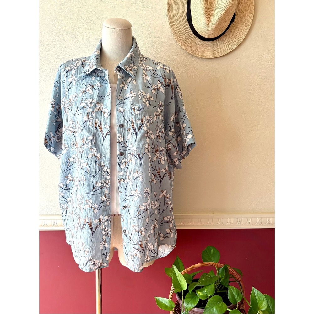 OAT New York Blue Lily Print Button Down High-Low Tunic Top Relaxed Lagenlook S